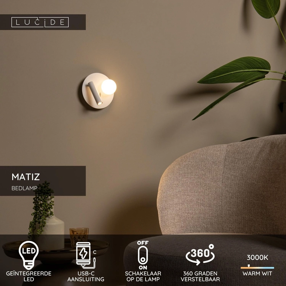 Design-Nachttischlampe Matiz Weiß mit USB-Ladepunkt Lucide 5411212771339