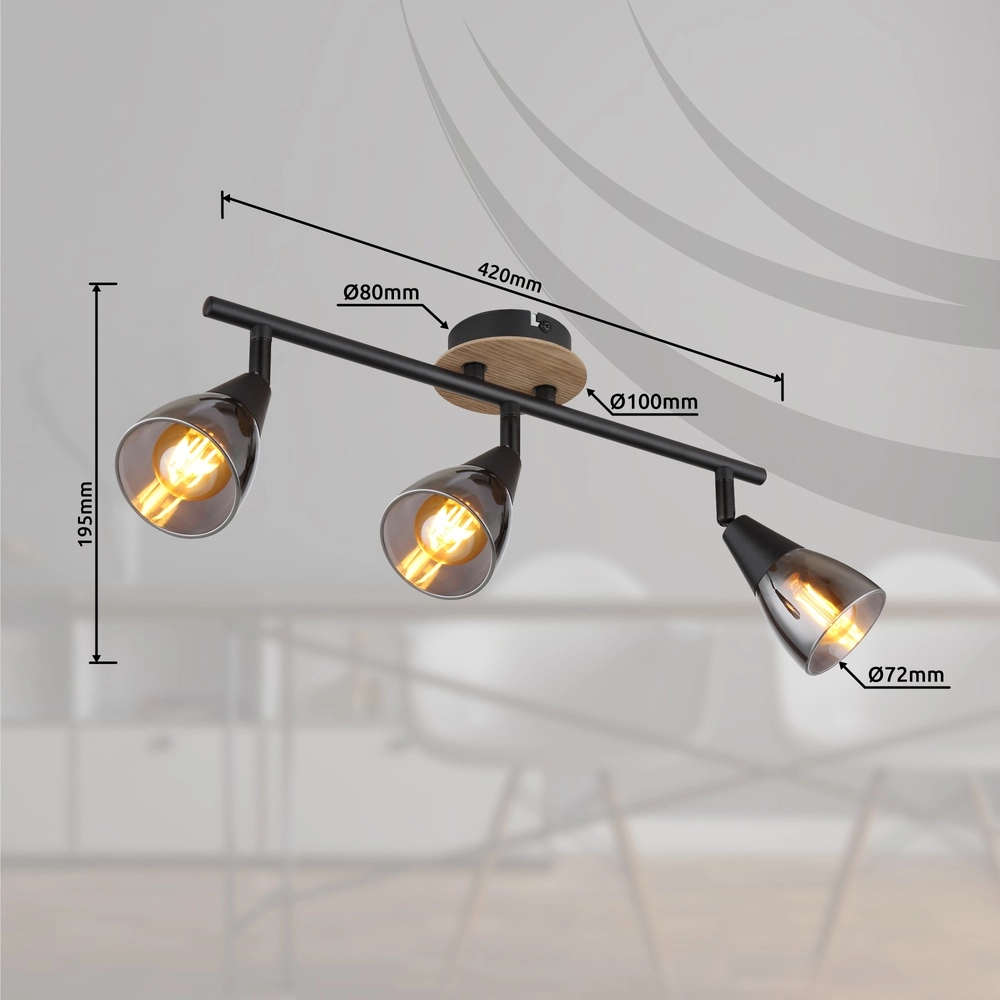 3-Licht Deckenlampe Mubby Schwarz mit Holzoptik Globo 9007371448869