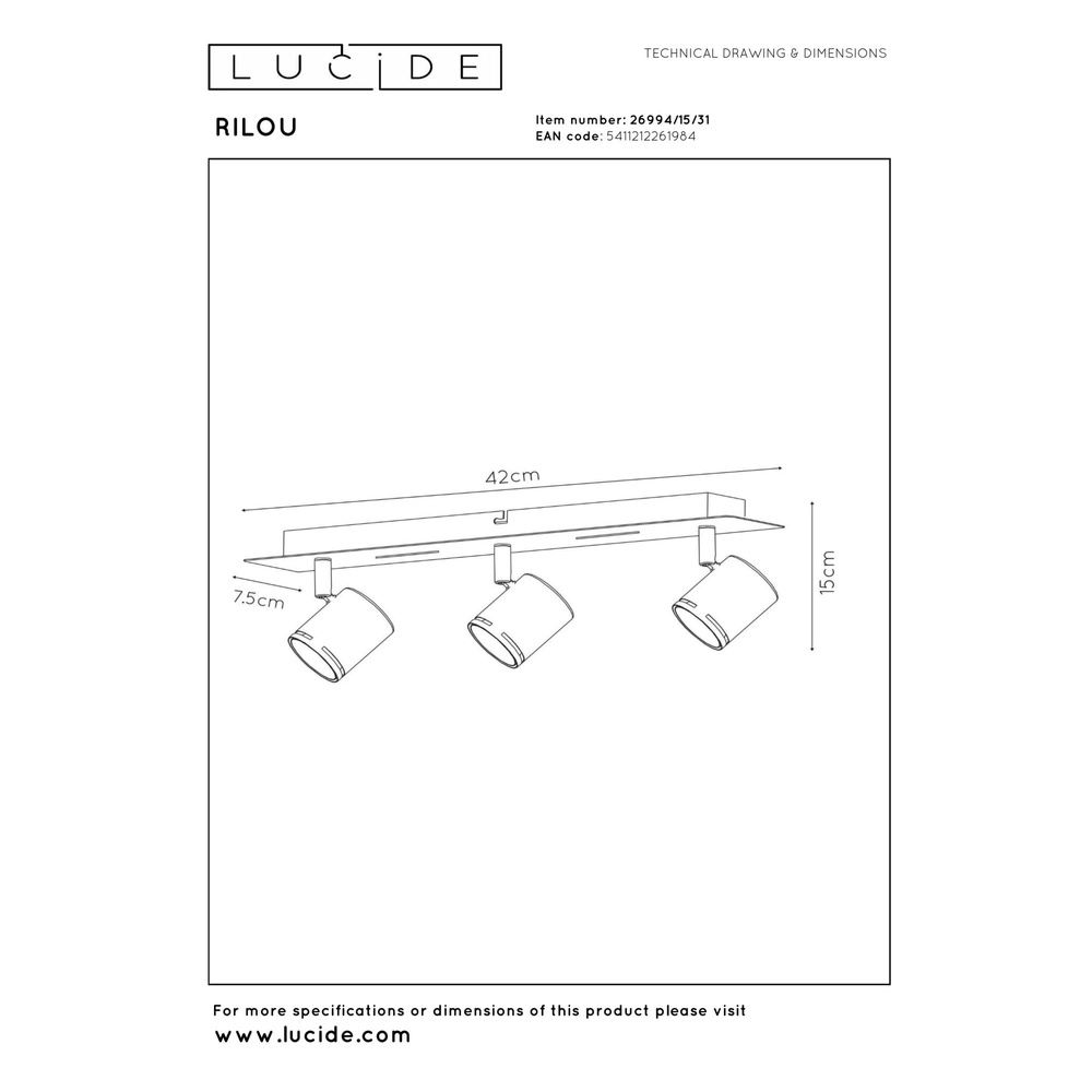 Deckenscheinwerfer Rilou 3-Licht dimmbares Weiß Lucide 5411212261984
