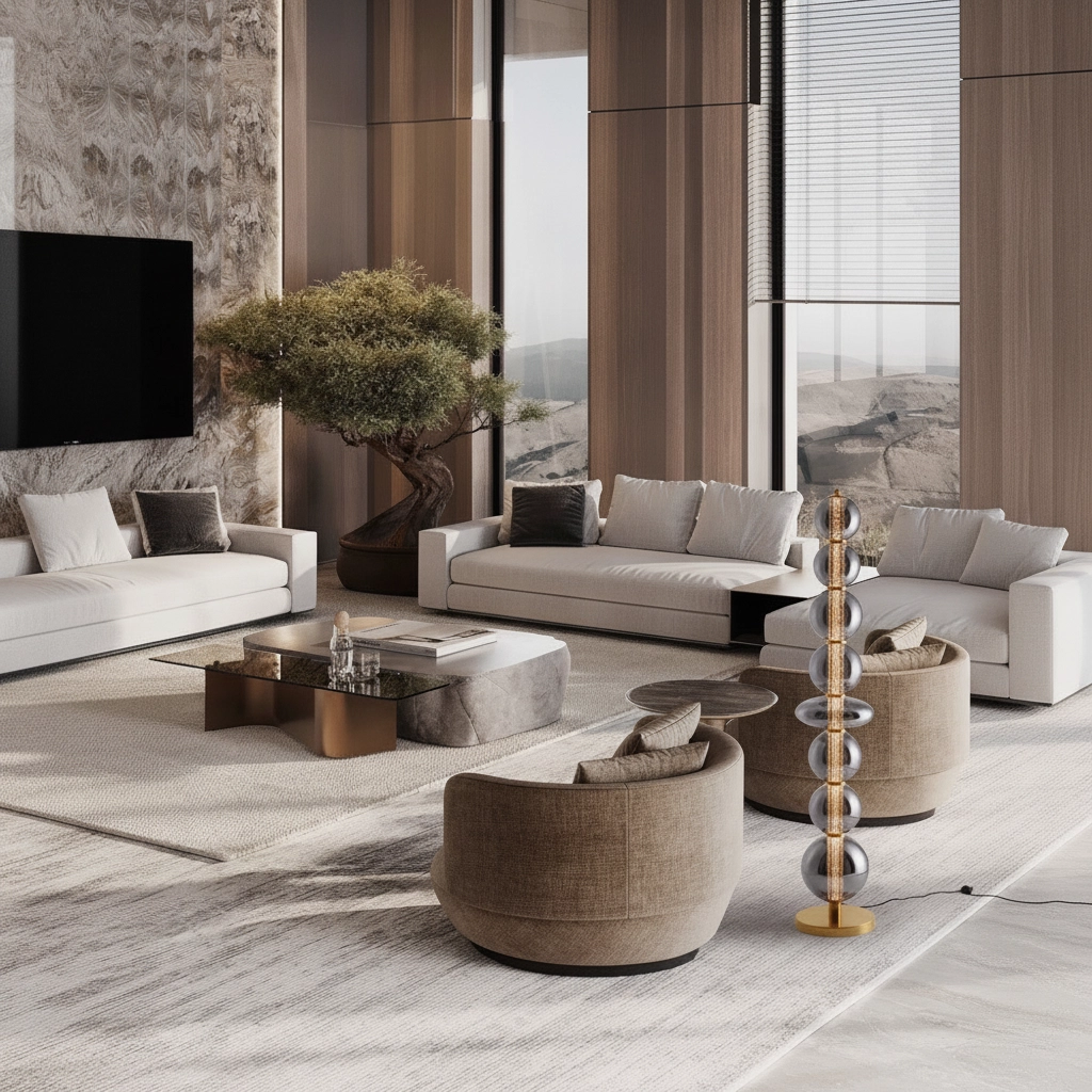 Design-Stehlampe Navi Gold mit Rauchglas