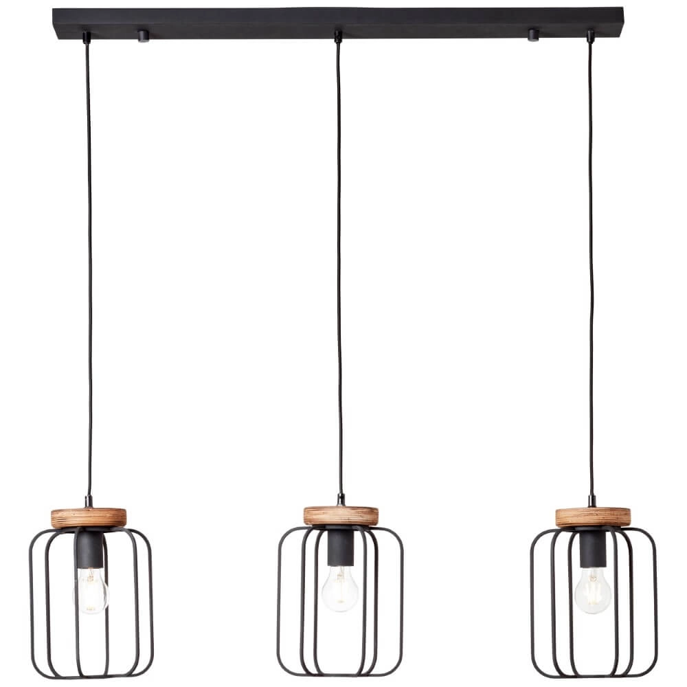 Hängelampe Tosh Beam 3-helles Schwarz mit Holzbraun