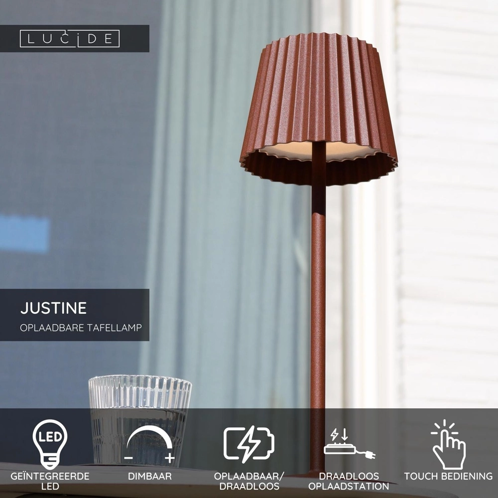 Wiederaufladbare Tischlampe Justine Rostbraun mit Ladestation Lucide 5411212272195