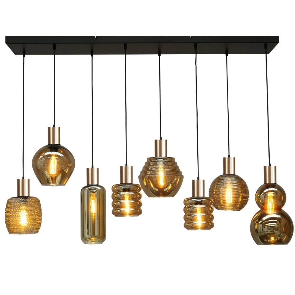 Schwarze Hängelampe mit Gold Bounty Curio-Glas mit 8 Lichtern