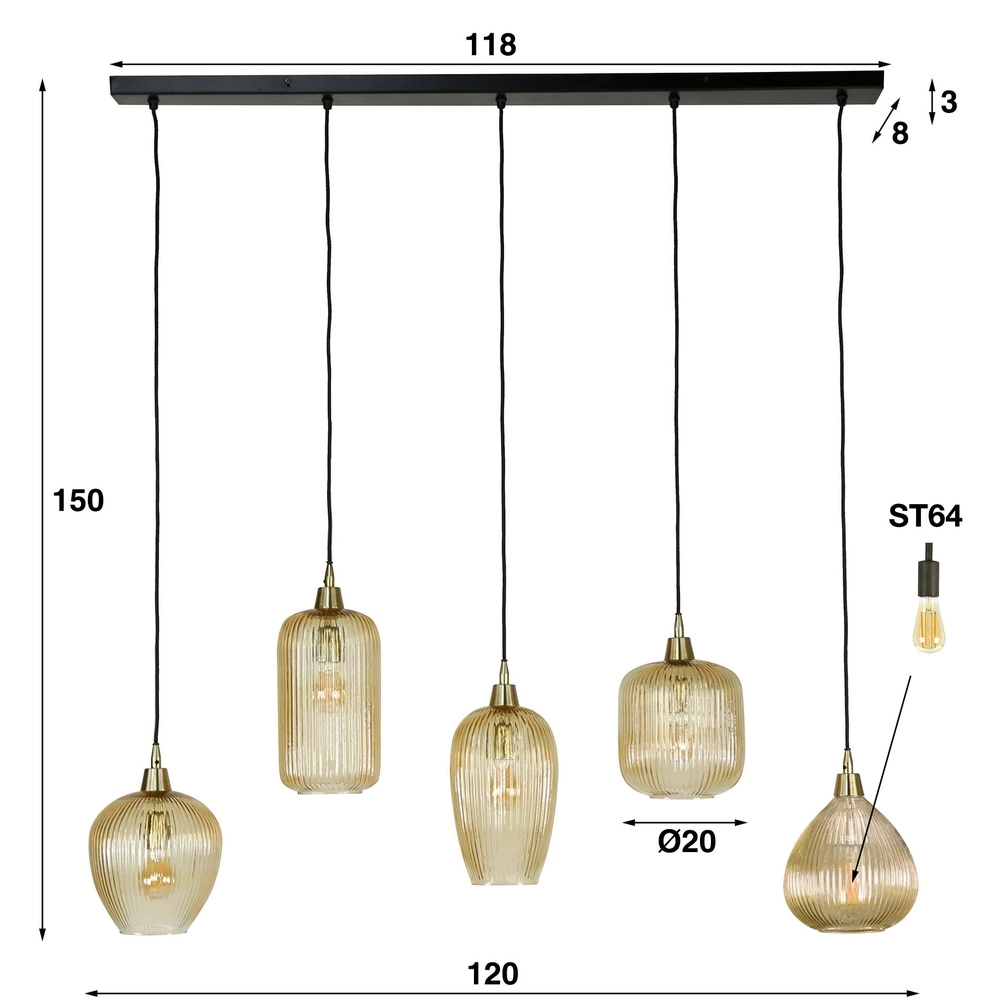 5-Licht Glas-Pendellicht Stripe mit Bernsteinglas Lyora 8716803511170