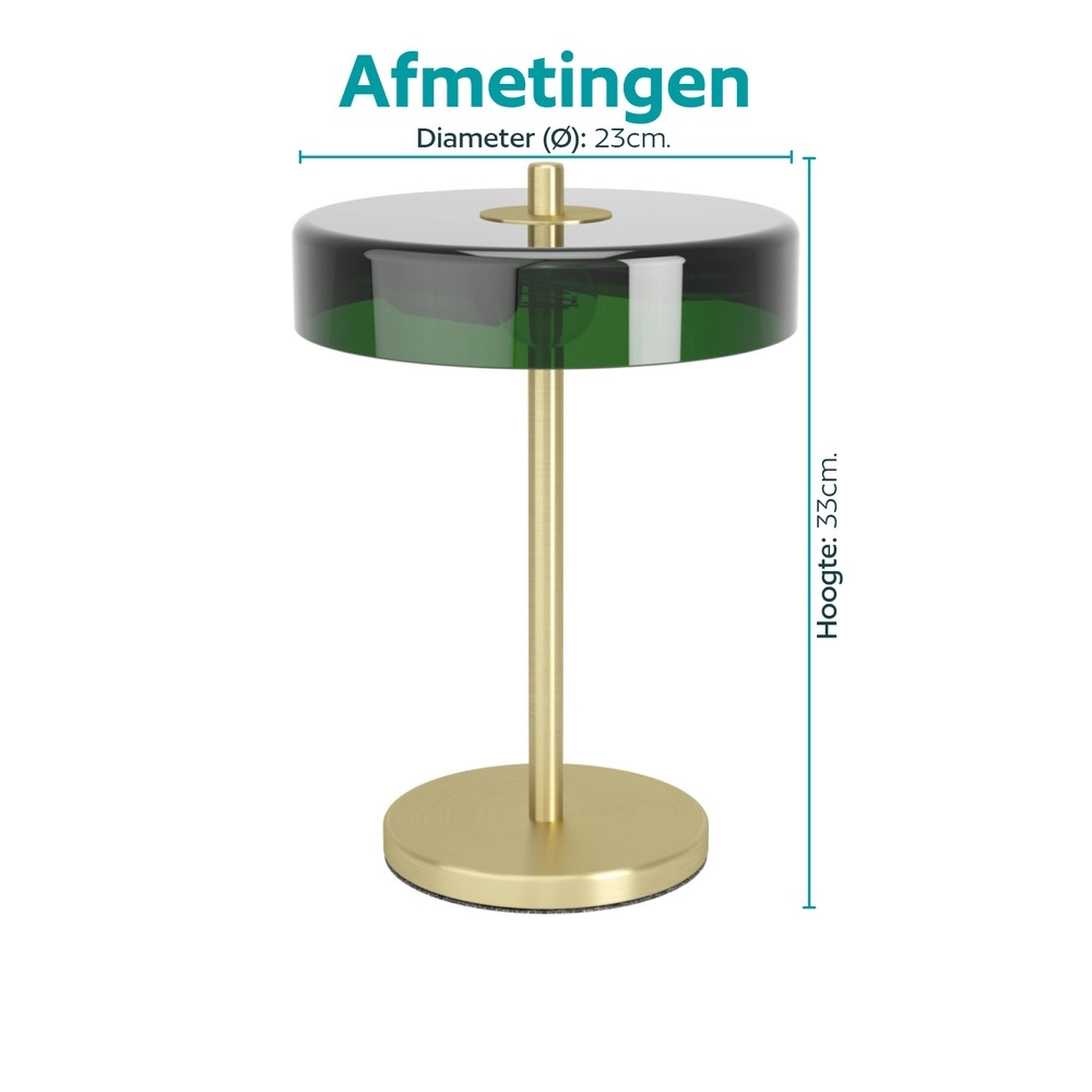 Design-Tischlampe Salve Messing, verziert mit Grün