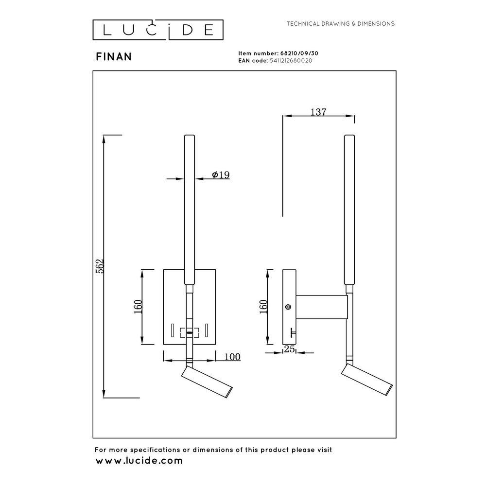 Design-Wandlampe Finan mit Leselampe und USB-Ladepunkt schwarz Lucide 5411212680020
