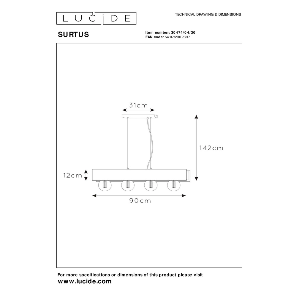 Design-Pendellampe Surtus 4-Licht Schwarz Lucide 5411212302397