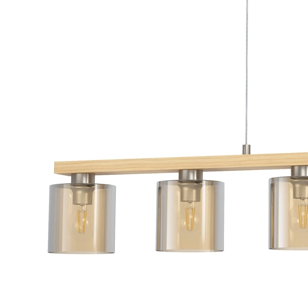 Esszimmer Hängelampe Castralvo Holzbraun mit bernsteinfarbenem Glas Eglo 9008606310050