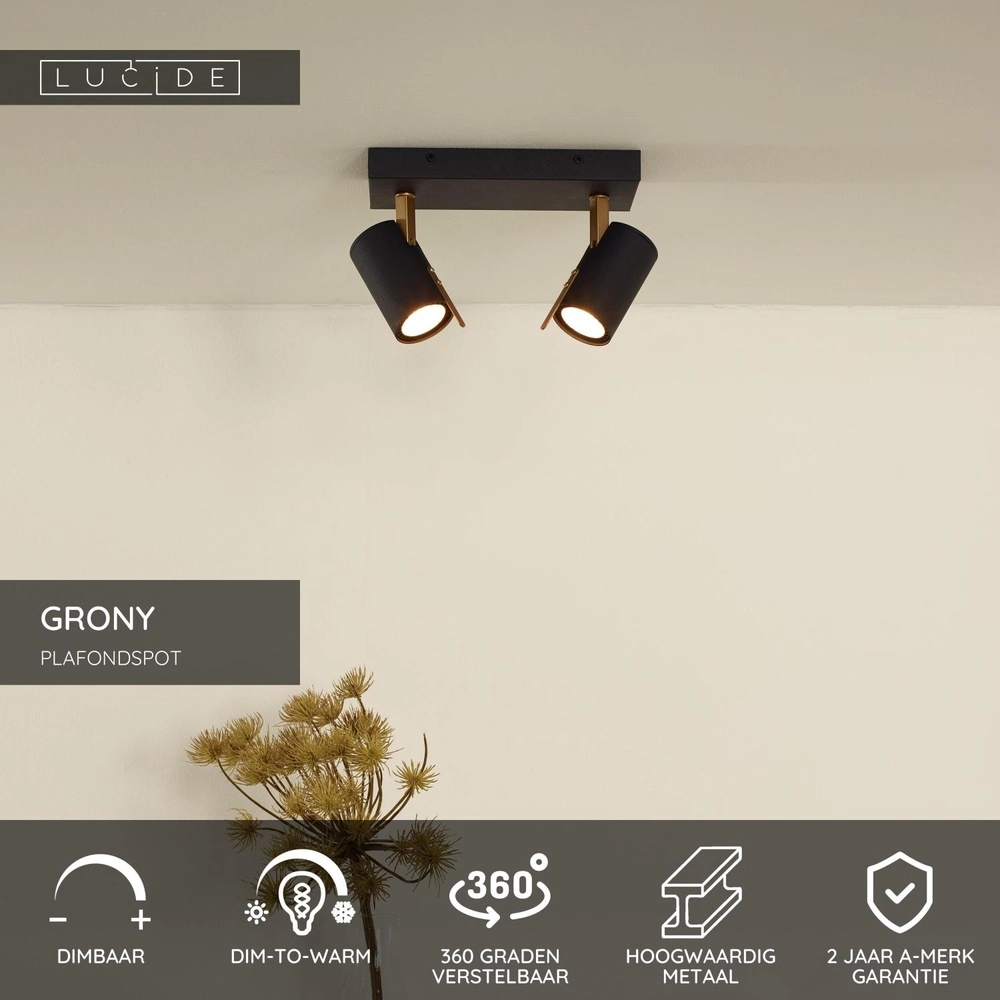 Deckenlampe Grony 2-Licht Schwarz Lucide 5411212176905