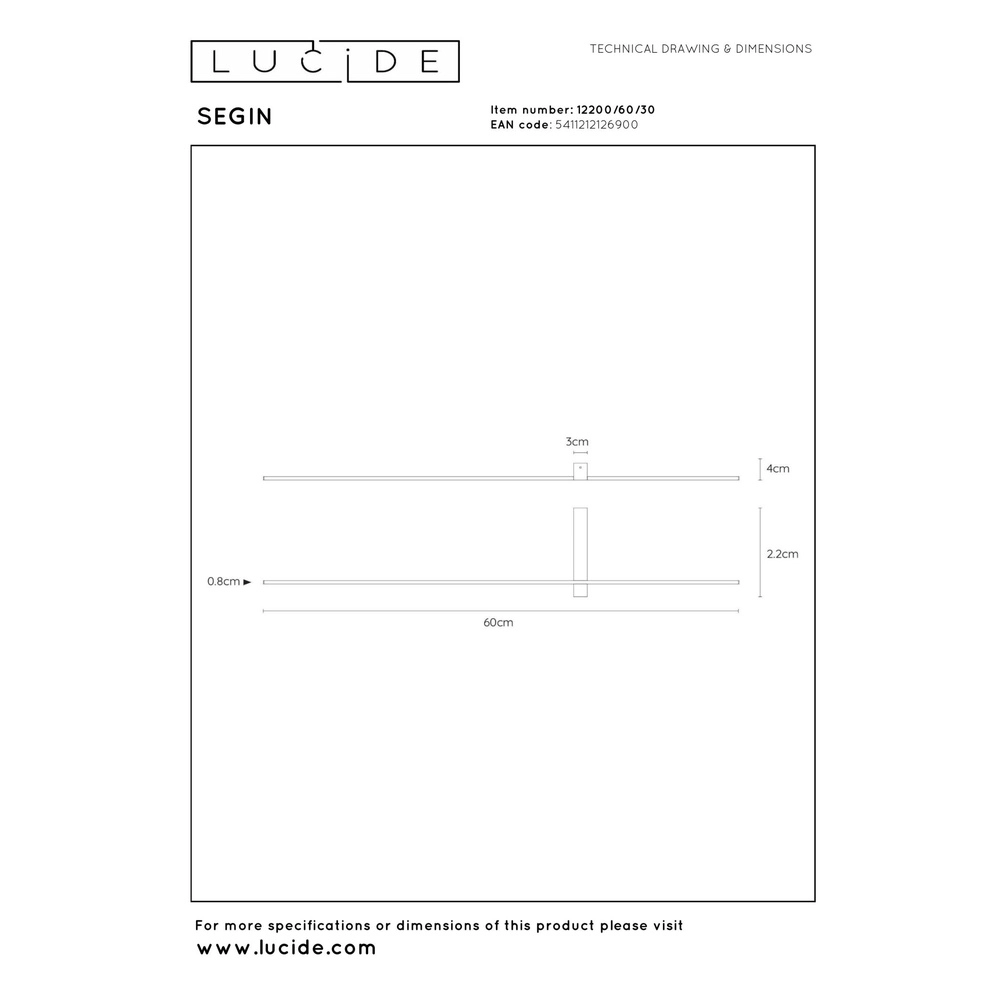 Elegante Wandlampe Segin Schwarz 60cm Lucide 5411212126900