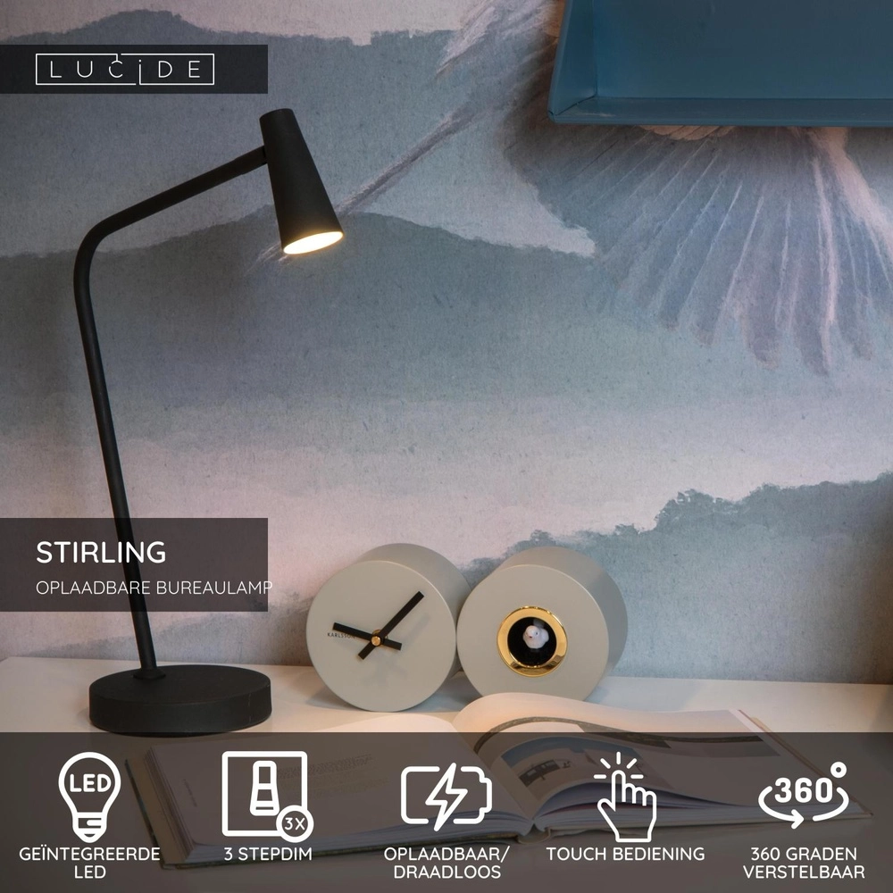 Wiederaufladbare Tischlampe Stirling Schwarz Lucide 5411212361240