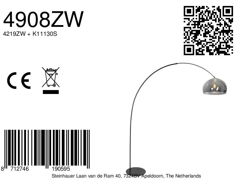 Schwarze Bogenlampe Curve mit Rauchglas Steinhauer 8712746190595