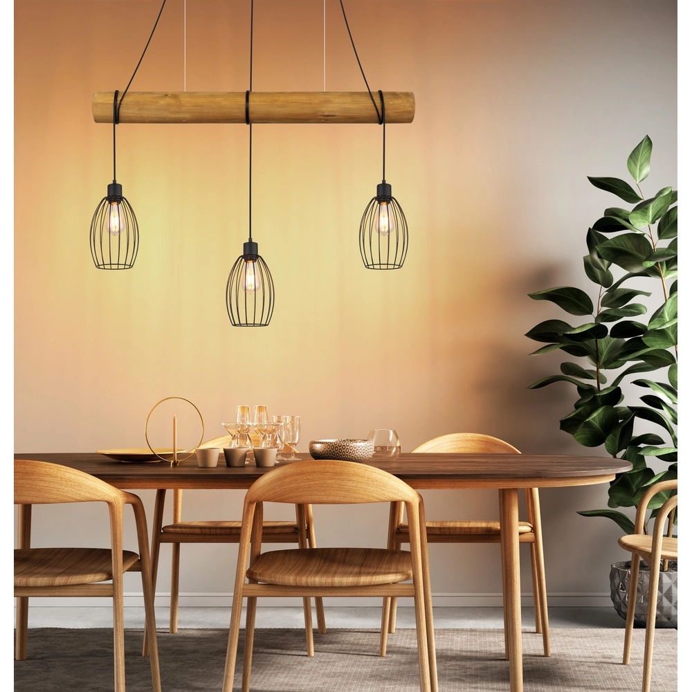 Land-Pendellampe Berti 3-Licht Holz mit Schwarz Globo 9007371583331