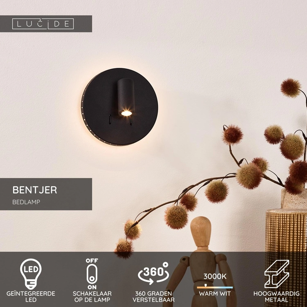 Nachttischlampe Bentjer Schwarz Lucide 5411212791641