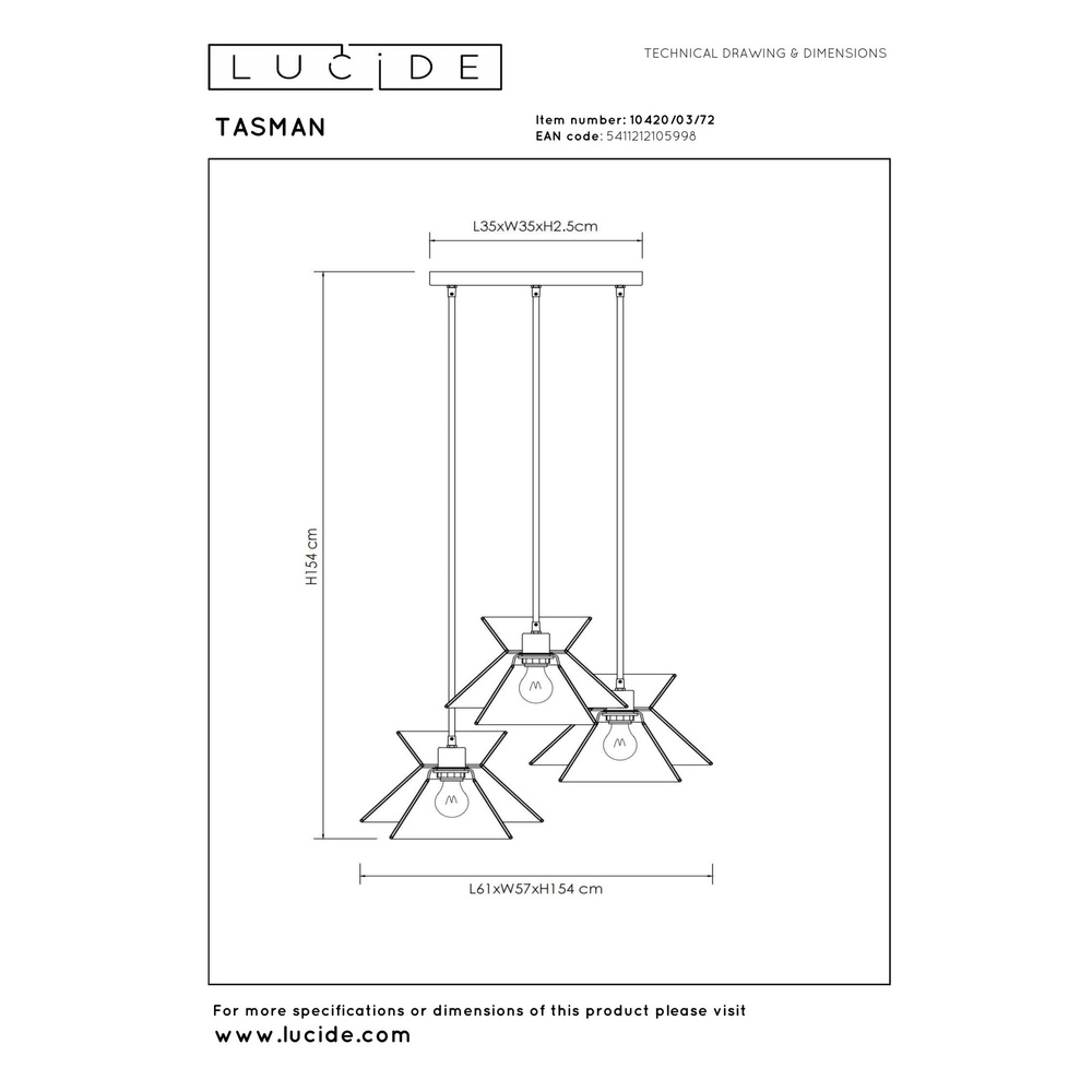 Pendellampe Tasman 3-Licht Rattan Lucide 5411212105998