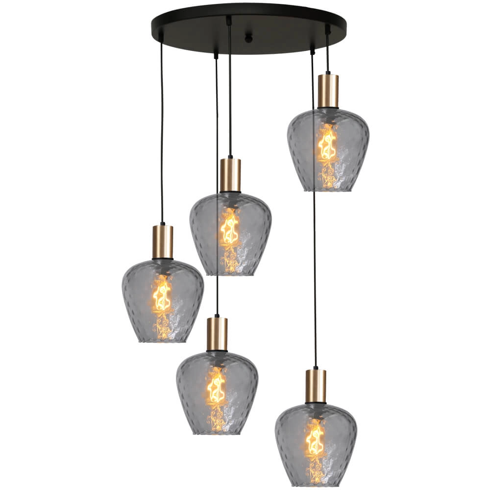 5-flammige Loft-Hängelampe - Gold - Porto mit Diamond-Rauchgläsern