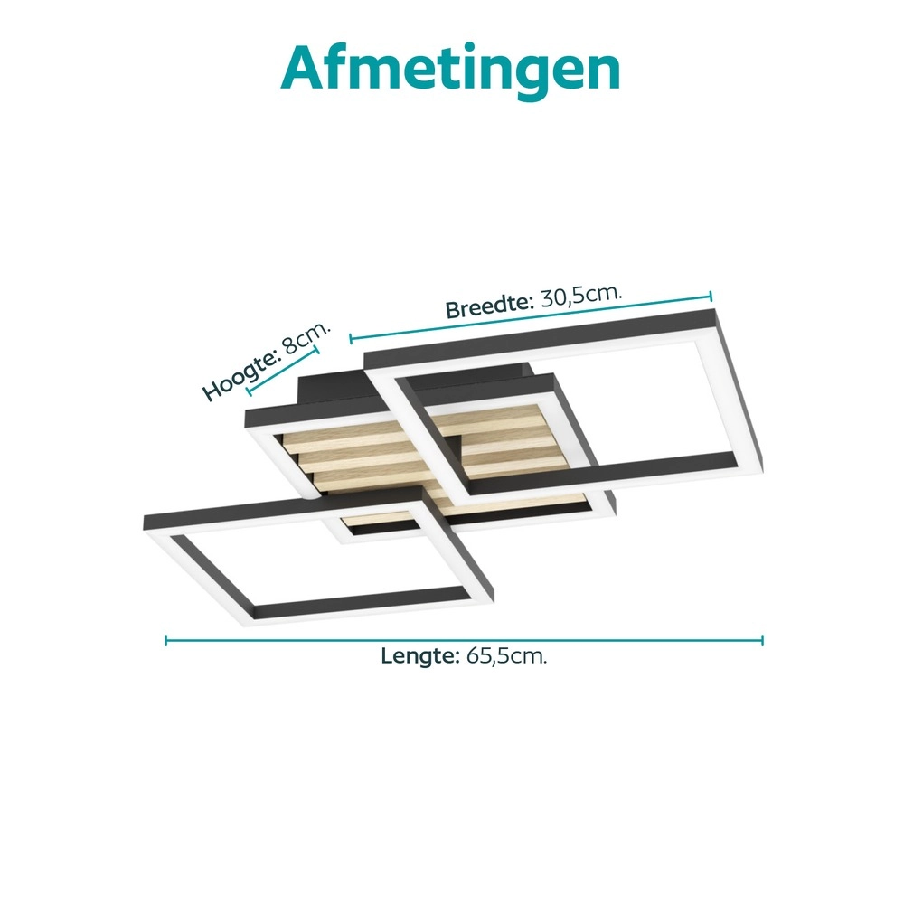 Moderne Deckenlampe Cembrano Schwarz mit Holzquadrat 65,5 cm Eglo 9008606388233