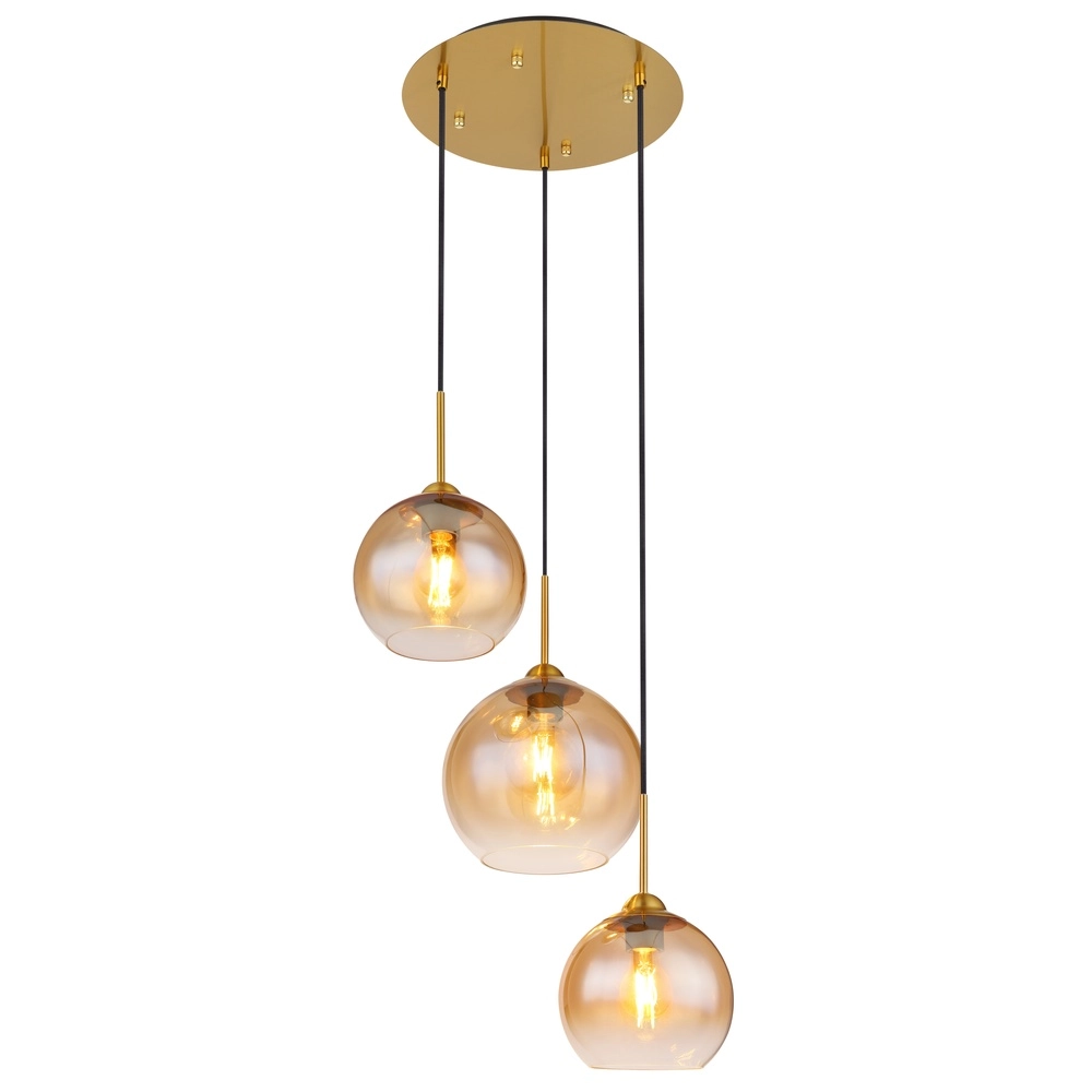 Goldene Pendellampe Jamessa 3-Licht mit bernsteinfarbenem Glas