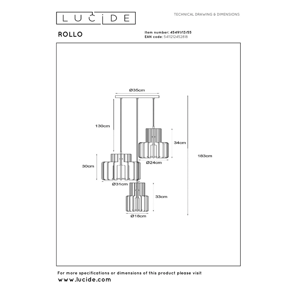 Design-Pendellampe Rollo 3-Licht Terrakotta Lucide 5411212452818