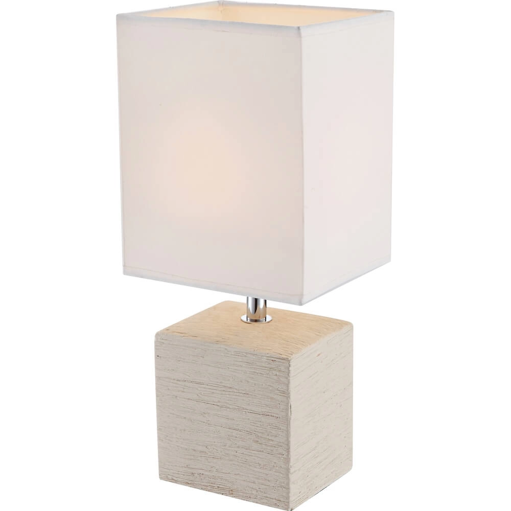 Schlanke Tischleuchte Geri Creme mit weißer Kapuze