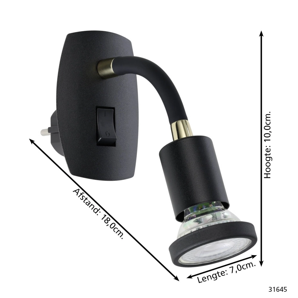 Steckdosen-Wandlampe Parrini Schalter – flexibel – schwarz/Messing Eglo 9002759316457