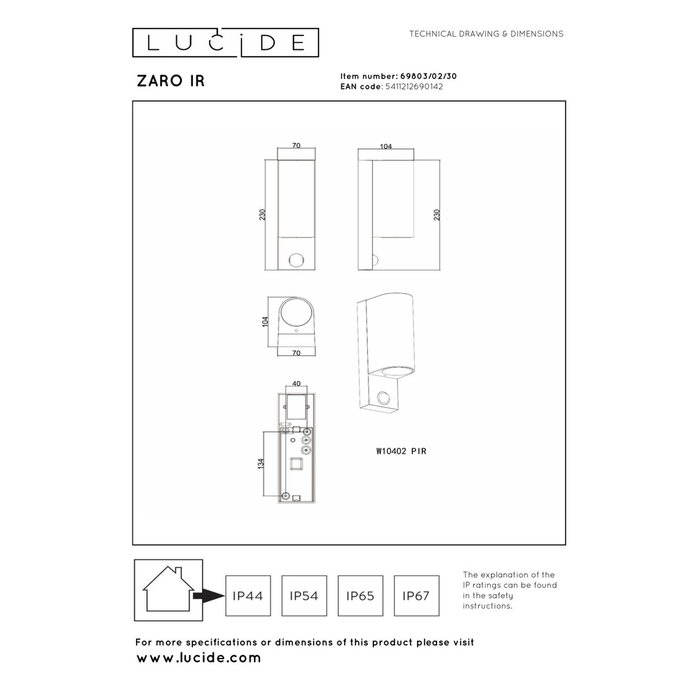 Wandscheinwerfer Zaro Up & Down Schwarz mit Sensor Lucide 5411212690142