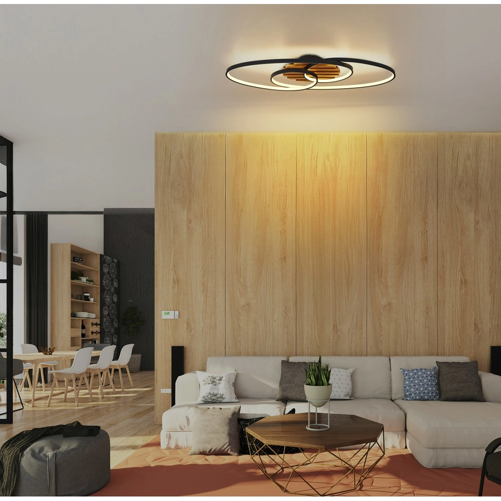 Ovale Deckenlampe Tisha I Schwarz mit Holz Globo 9007371572281