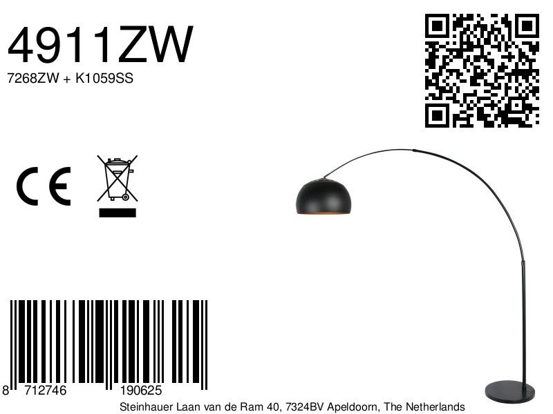 Schwarze Bogenlampe Globe Black Steinhauer 8712746190625