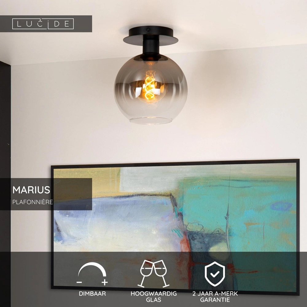 Deckenlampe Marius Schwarz mit Rauchglas Lucide 5411212740984