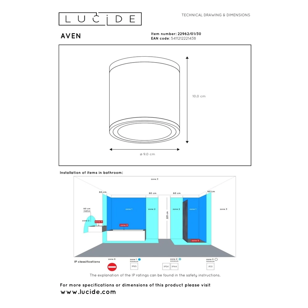 Deckenscheinwerfer Aven Badezimmer IP65 schwarz Lucide 5411212221438