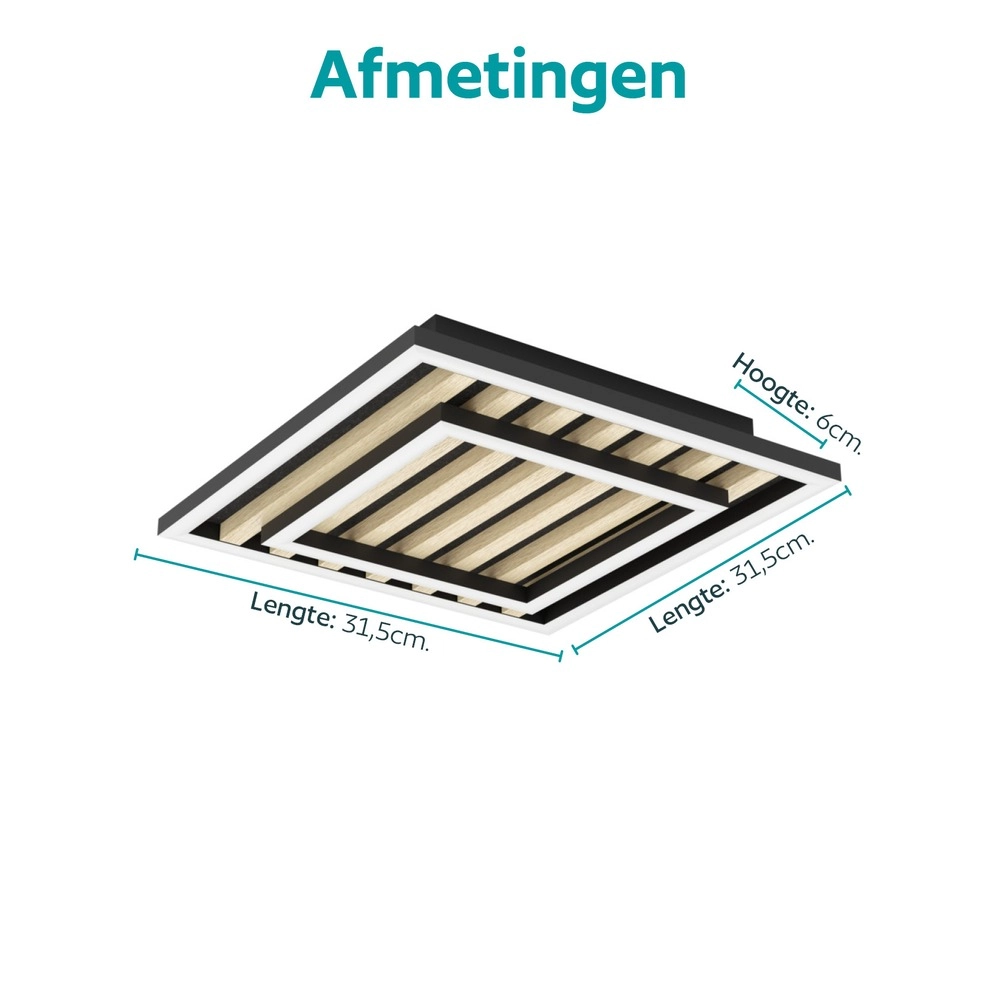 Moderne Deckenlampe Cembrano Schwarz mit Holzquadrat 31,5 x 31,5 cm Eglo 9008606388219