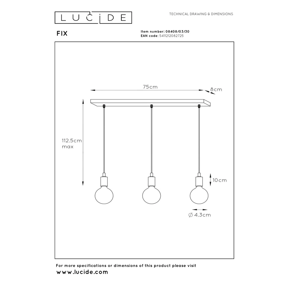 Pendellampe Fix 3-Licht Schwarz Lucide 5411212082725