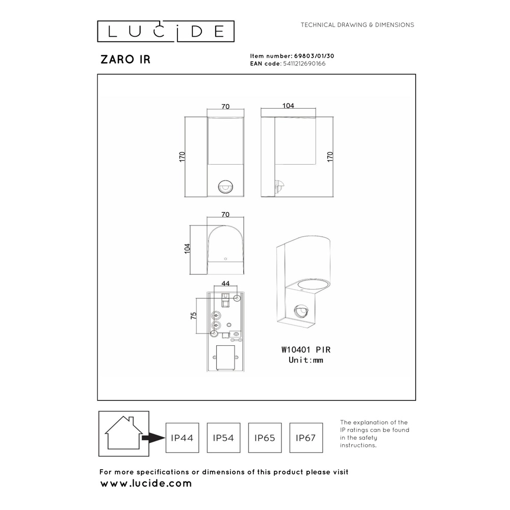 Wandscheinwerfer Zaro Einzelne Schwarze mit Sensor Lucide 5411212690166