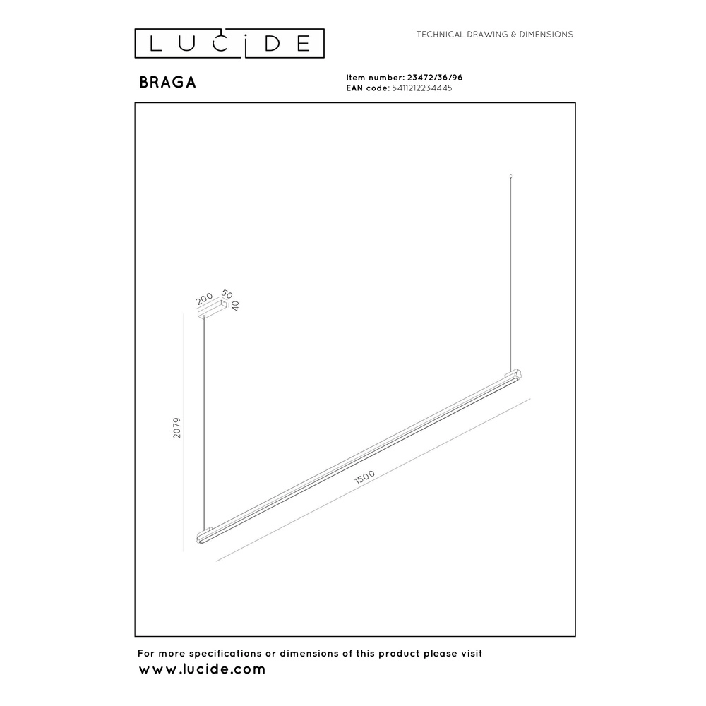 Elegante LED-Pendelleuchte Braga 150 cm – Champagner Premium by Lucide 5411212234445