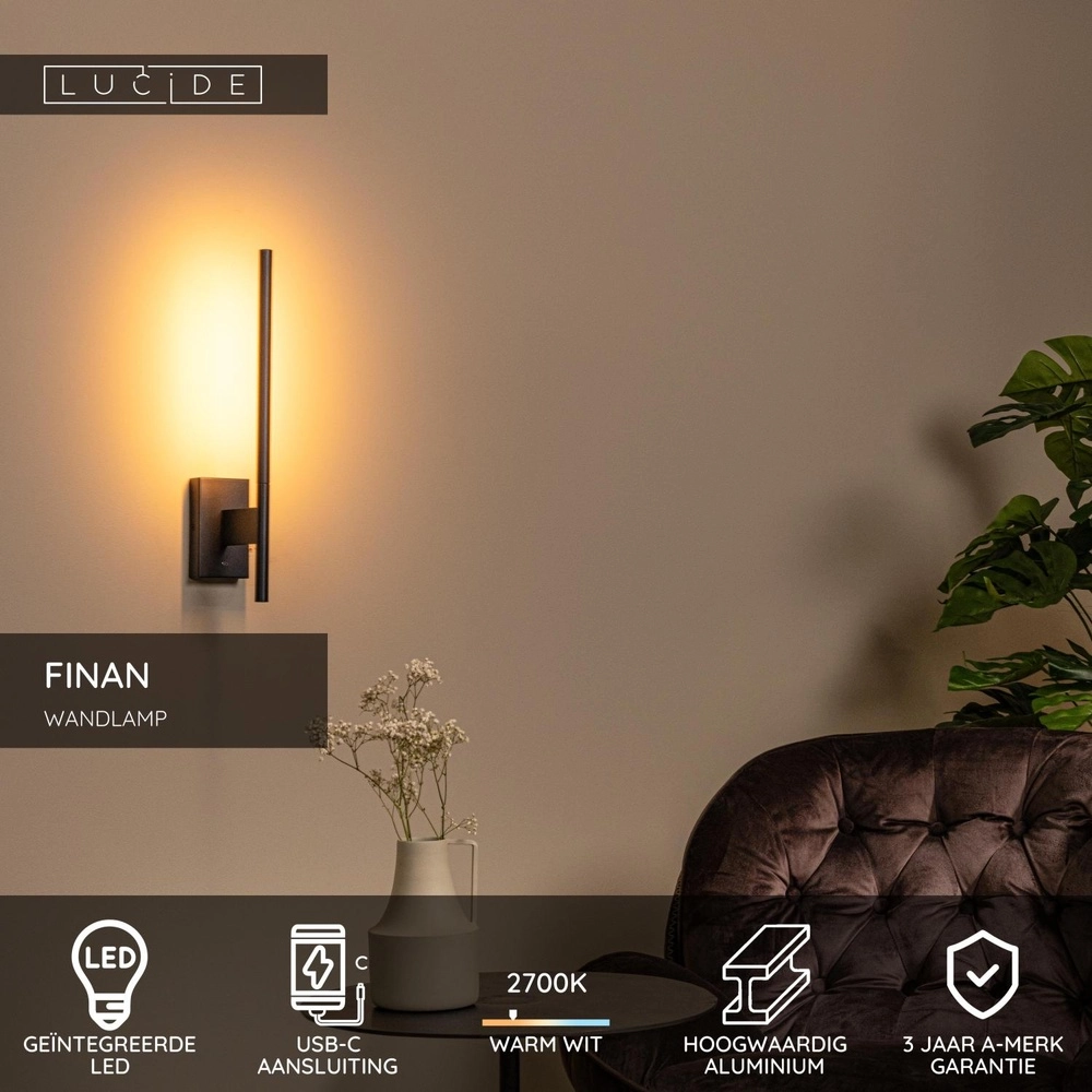 Design-Wandlampe Finan mit USB-Ladepunkt schwarz Lucide 5411212680013