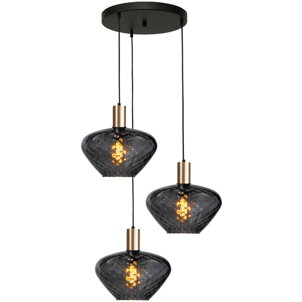 3-flammige Loft-Hängelampe - Gold - Porto mit Blossom-Rauchgläsern