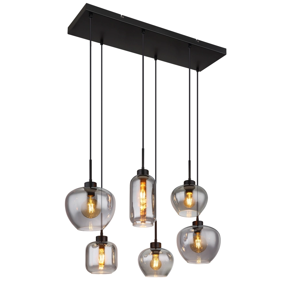 6-Licht Pendellampe Matt Schwarz mit Rauchglas