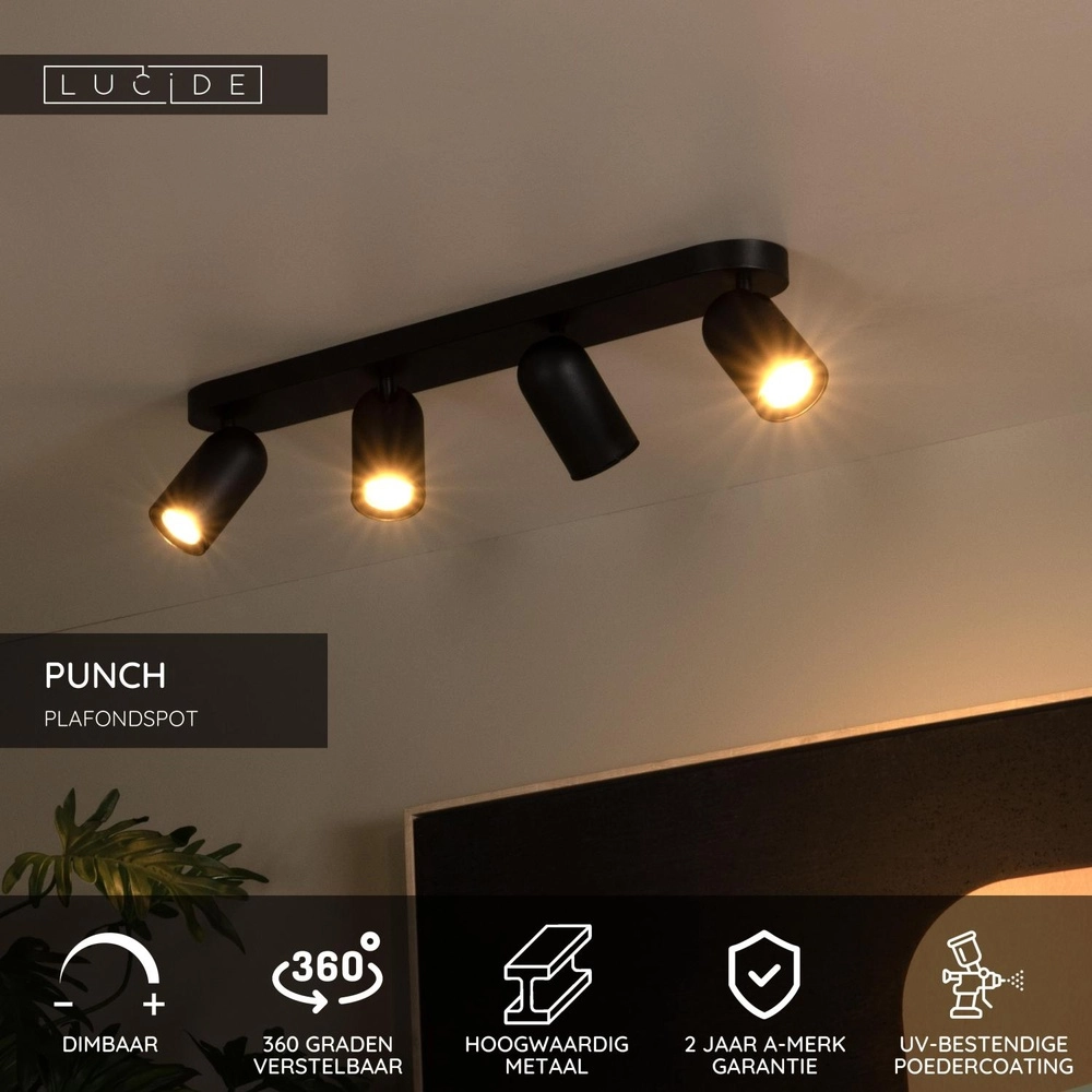 Deckenscheinwerfer Punch 4-Licht Schwarz Lucide 5411212134332