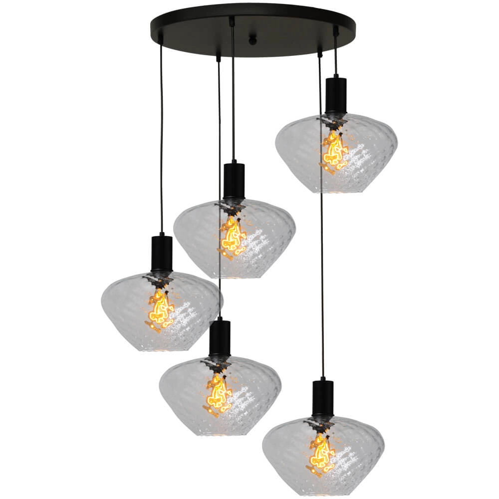5-flammige Loft-Hängelampe - Schwarz - Porto mit klaren Blossom-Gläsern