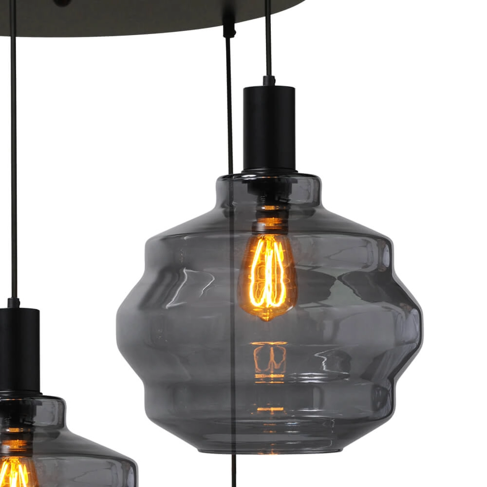 5-flammige Loft-Hängelampe - Schwarz - Porto mit Kugelrauchgläsern - Ø 30cm Masterlight 8718121271033