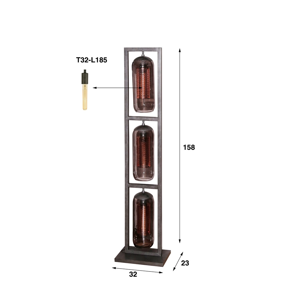 Glas-Stehlampe Smoke 3x E27 - 158cm - schwarz mit Kupfer Lyora 8716803512153