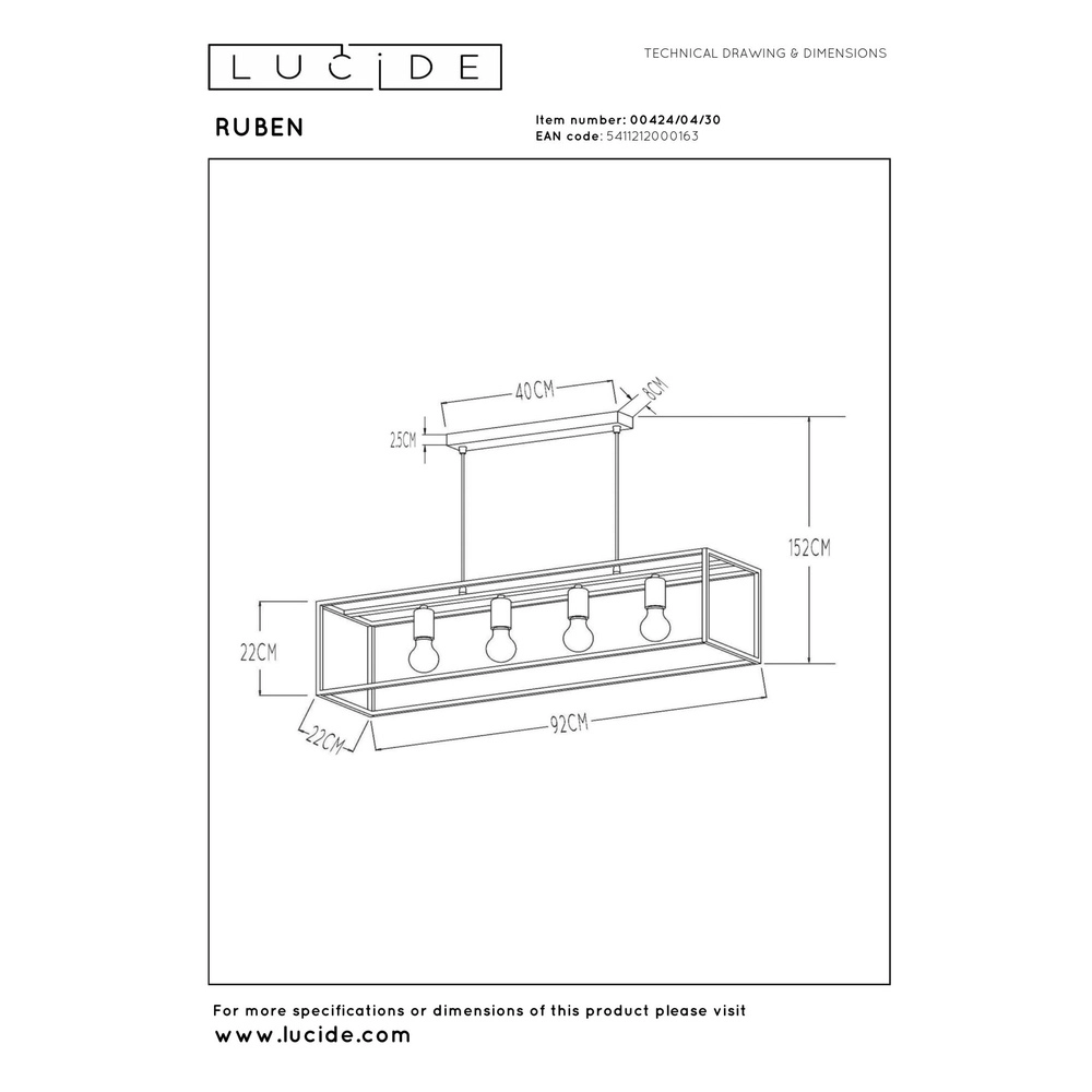 Pendellampe Ruben 4-Licht Schwarz Lucide 5411212000163