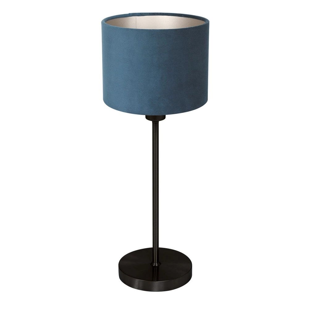 Schwarze Tischleuchte Noor mit blauer Kapuze