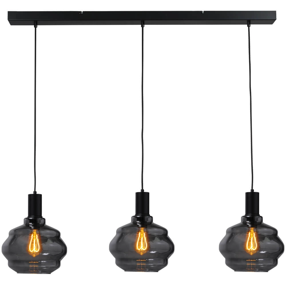 3-flammige Hängelampe - schwarz - Porto mit Kugelrauchgläsern - Ø 24cm