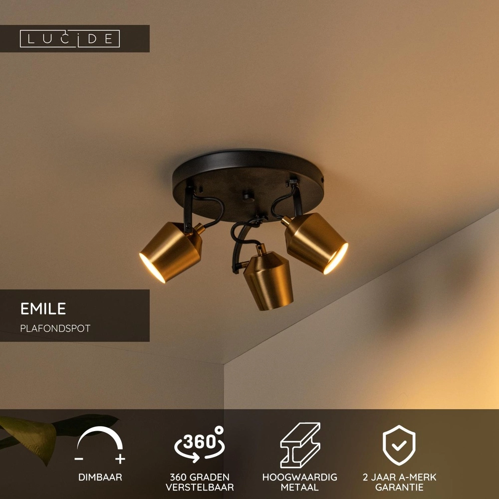 3-Licht Deckenlampe Emile Schwarz mit Gold Lucide 5411212510099