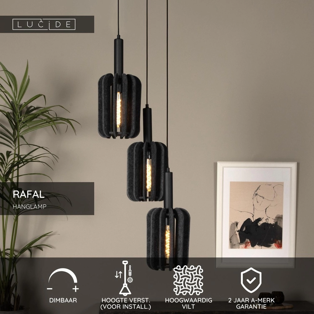 Elegante Pendellampe Rafal 3-Licht rundschwarz mit Grau Lucide 5411212452788