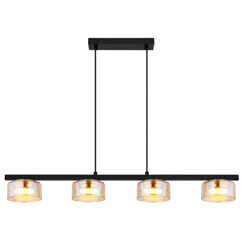 Design-Pendellampe Higgins 4-Licht Schwarz mit bernsteinfarbenem Glas Globo 9007371522828