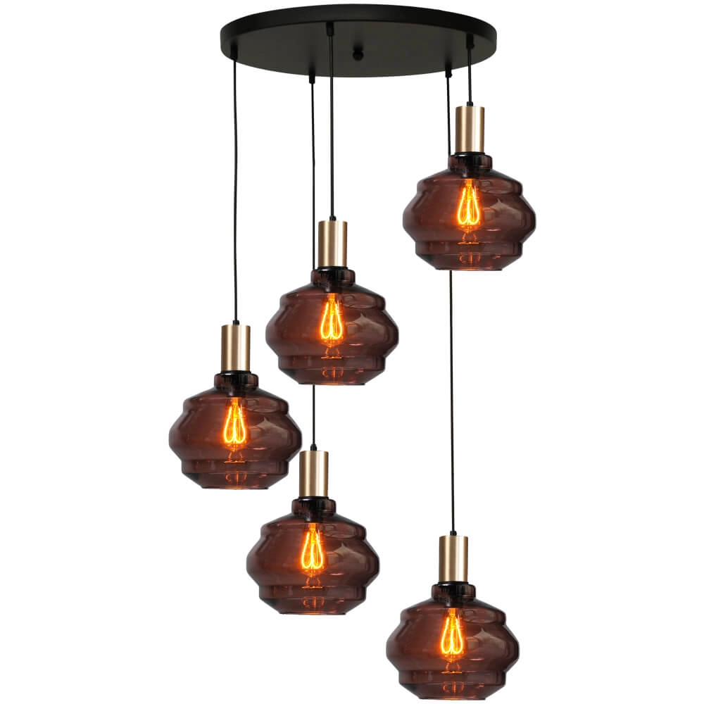 5-flammige Loft-Hängelampe - Gold - Porto mit kugelroten Gläsern - Ø 24cm