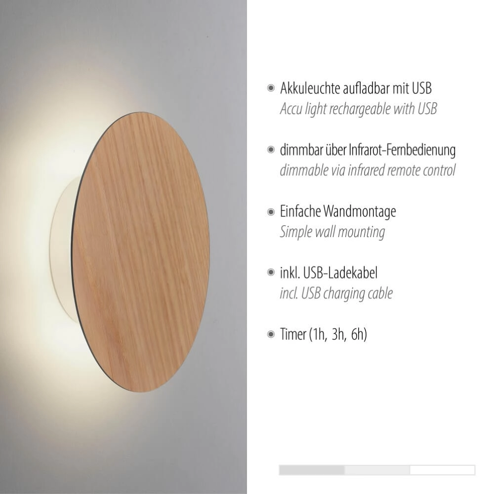 Design-Wandleuchte Akku Puntua Ø 18cm Holz Paul Neuhaus 4012248375785