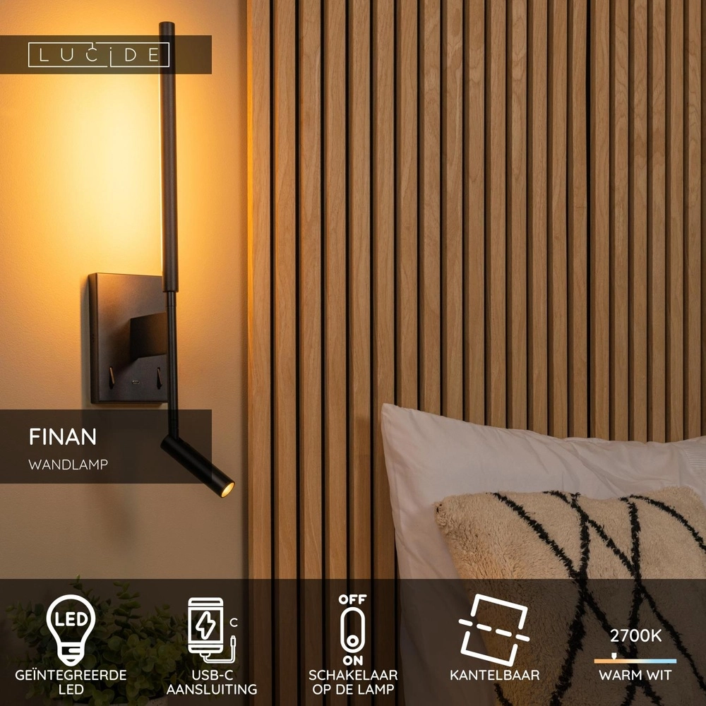 Design-Wandlampe Finan mit Leselampe und USB-Ladepunkt schwarz Lucide 5411212680020